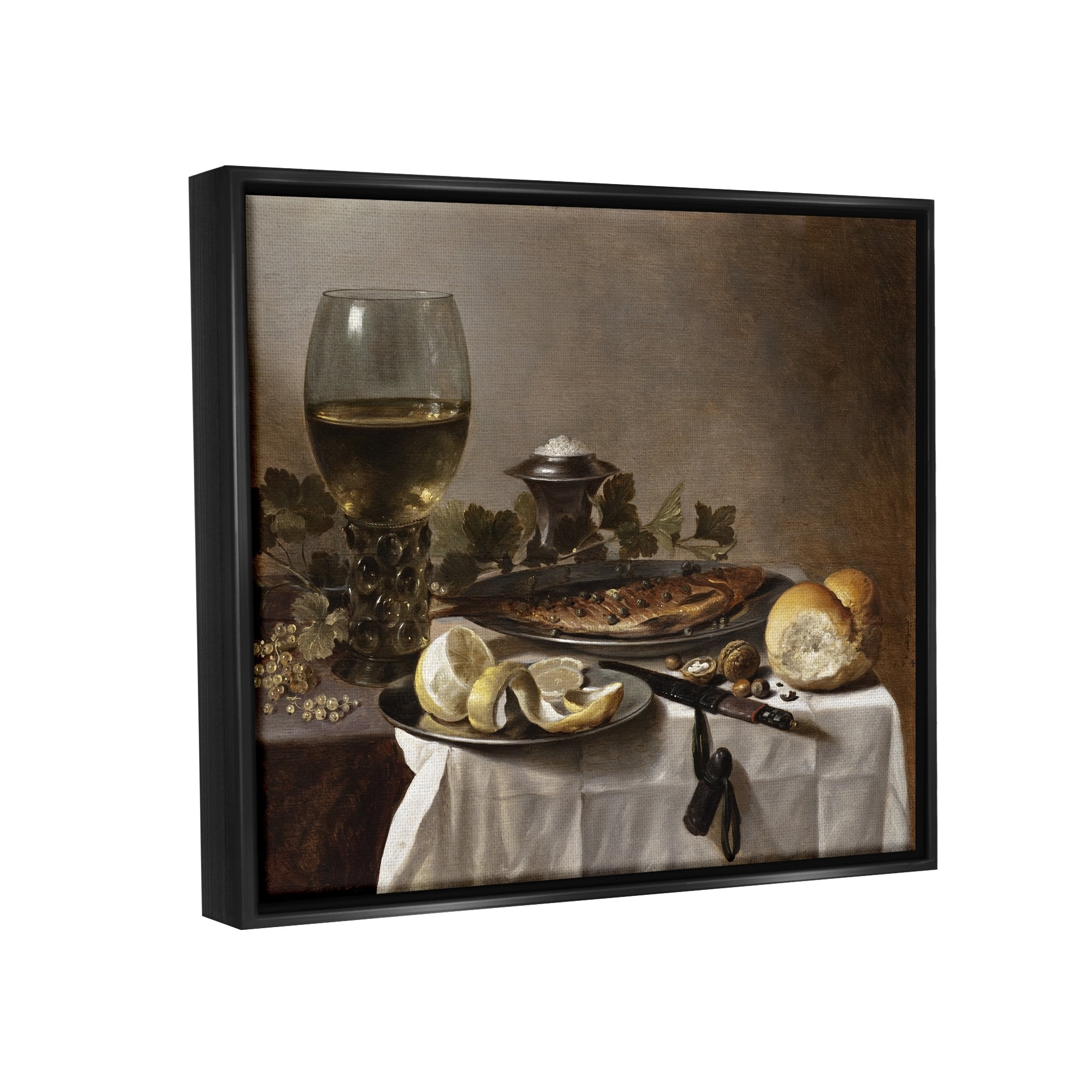 Stupell Industries Still Life with Herring Wine and Bread Pieter Claesz Painting Painting Jet Black Floating Framed Canvas Print Wall Art, Design by one1000paintings