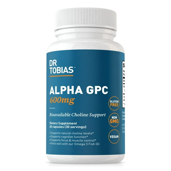 Dr. Tobias Alpha GPC 600 mg Choline Supplement, Bioavailable Choline Supplements for Brain Health, Memory and Focus, Premium Pure Alpha GPC Choline Supplement, Vegan, Non-GMO, 60 Capsules