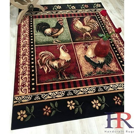 Lodge Cabin Nature And Animals Area Rug Geometric Abstract Black Green Red Rooster Flower