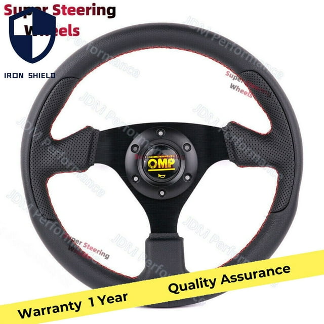 OMP 330mm 13-inch Lychee leather red stitching flat bottom sports steering wheel #R-