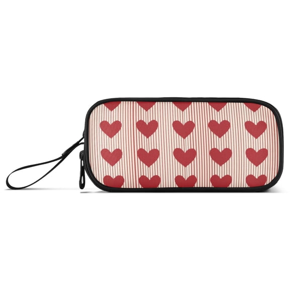 Red Lines with Hearts Cute Valentine Pencil Case Stationary Holder Pen Bag Pencil Pouch Tool Organizer 3 Compartments