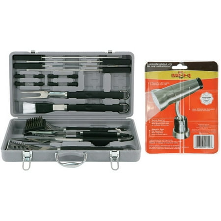 Mr. Bar-B-Q Finger Grip and Stainless Steel in Black Plastic Tire Track Case Tool Set and Magnetic Grill Light, 18-Piece