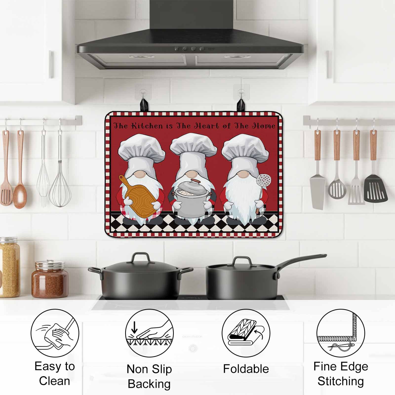 Red Chef Gnomes Stove Top Cover for Electric Stove, Heat-proof & Non Slip Glass Top Stove Cover Protector, Farmhouse Red White Plaid Kitchen Flat Cooktop Rubber Mat 28.5x20.5 Inches