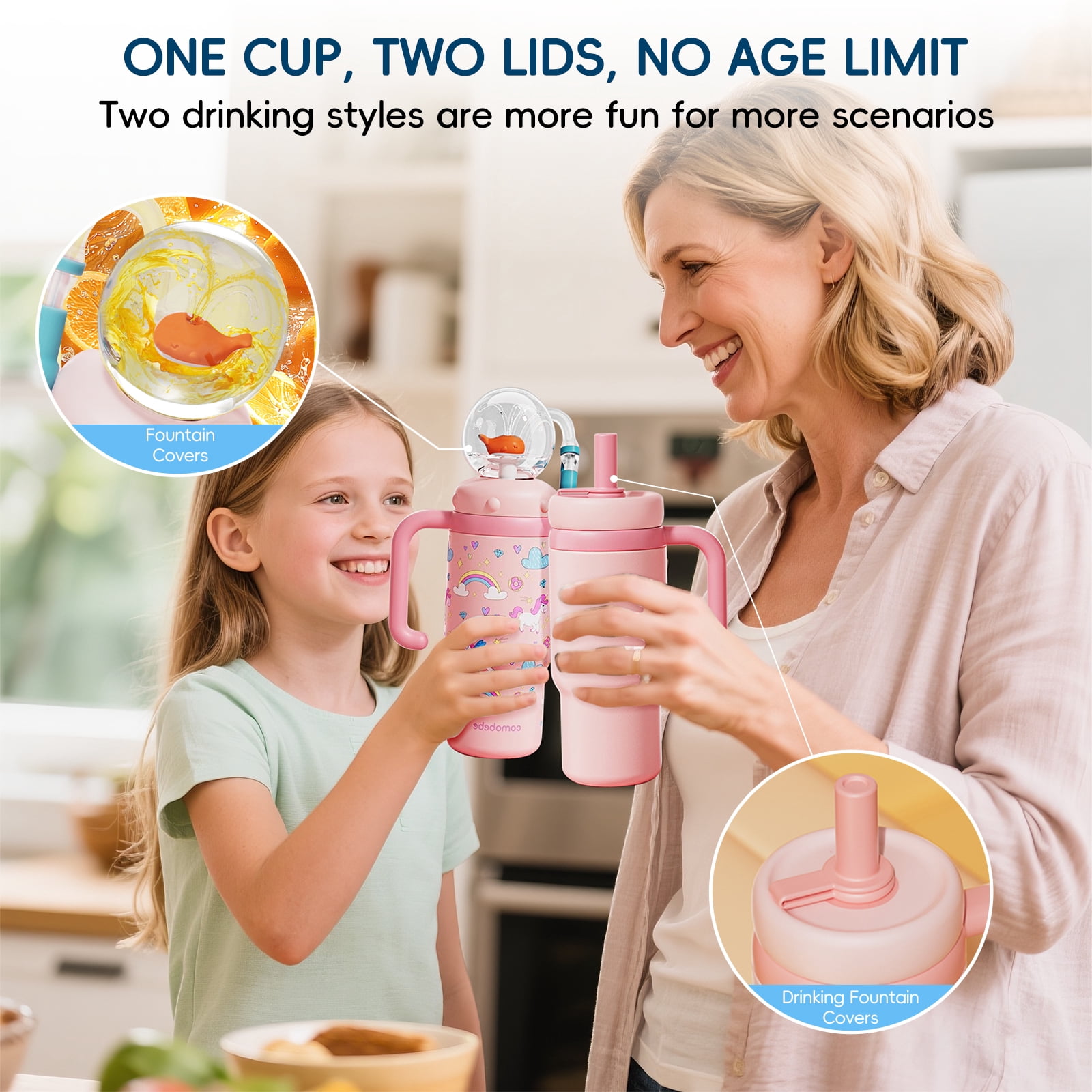 Comobebe 24 oz Insulated Whale Fountain Sippy Cup, 316 Stainless Steel Leak-Proof with 2 Lids, Fits Car Cup Holders, Green Dinosaur for Kids Teens Adults (Orange little bear)