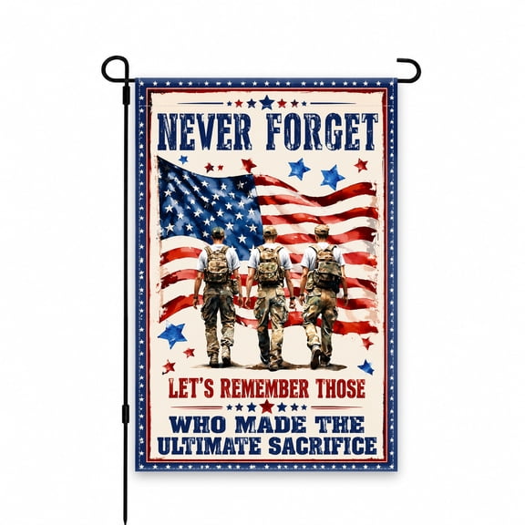 Never Forget Military Memorial Garden Flag, American Flag and Soldiers Tribute Design in Red White and Blue, 12 x 18 Inch Yard Flag for Outdoor Garden, Lawn, Patio and Porch Decor