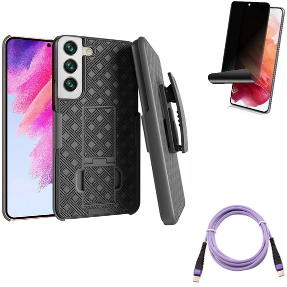 Purple 10ft PD Cable & Case Belt Clip & Privacy Screen Protector for Samsung Galaxy S22 (6.1") - Type-C to USB-C Fast Charger Cord & Holster Swivel & TPU Film Fingerprint Works Accessory Bundle