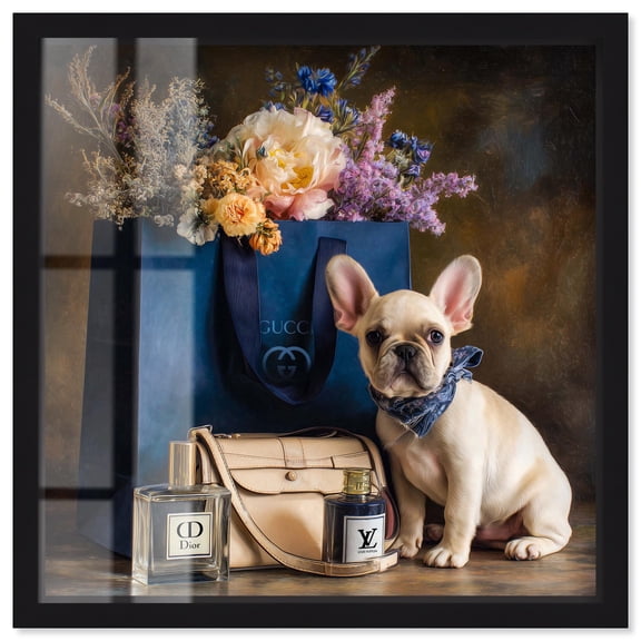 Frenchie Navy Shopping Bag Shadowbox Print Fashion Wall Art by Art Remedy, Black Frame, 12 x 12