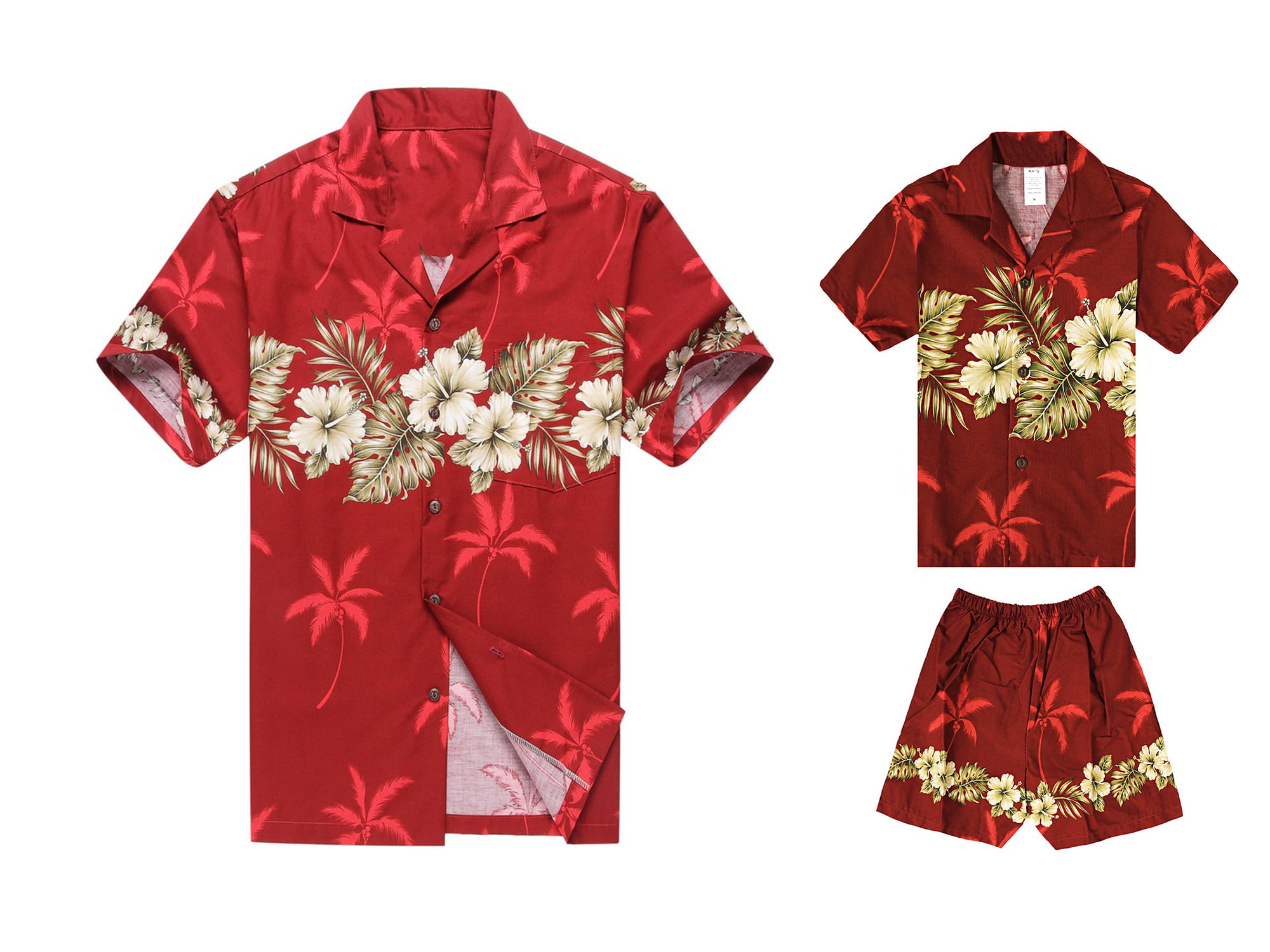 Made In Hawaii Boy Cotton Aloha Hawaiian Outfit In Golden Hisbiscus Cross in Red 