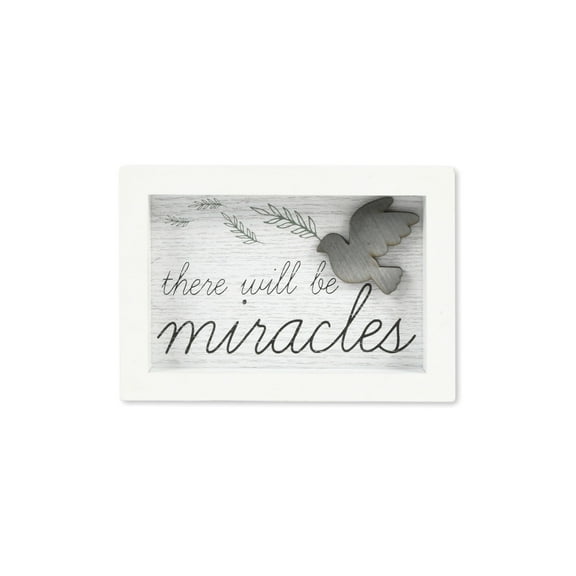 Prinz There Will Be Miracles 7" x 5" Rustic Home Decor, Tabletop Sign with Dove Icon, White