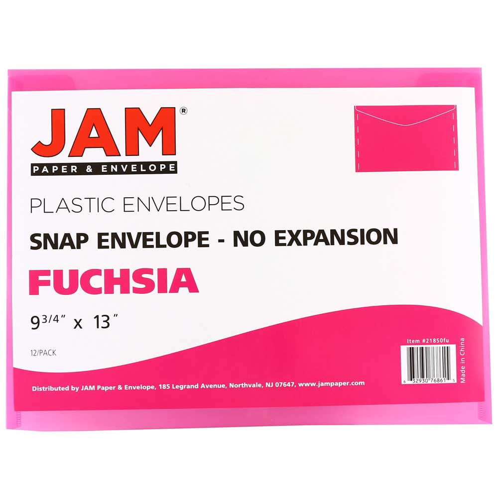 JAM Paper Plastic Envelopes with Snap Closure, Letter Booklet, 9 3/4 x 13, Fuchsia Pink, 3/Pack
