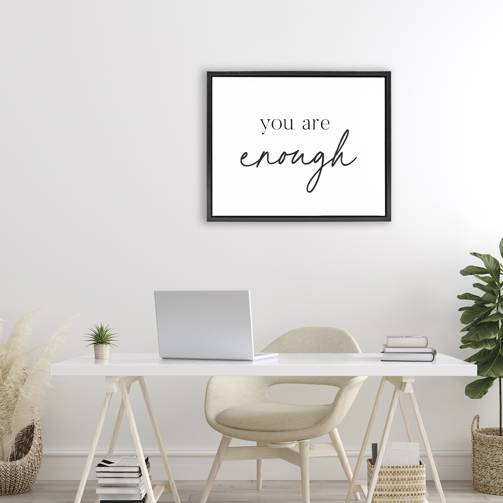 You Are Enough Sentiment Black Framed Floater Canvas Wall Art, design by Lettered and Lined