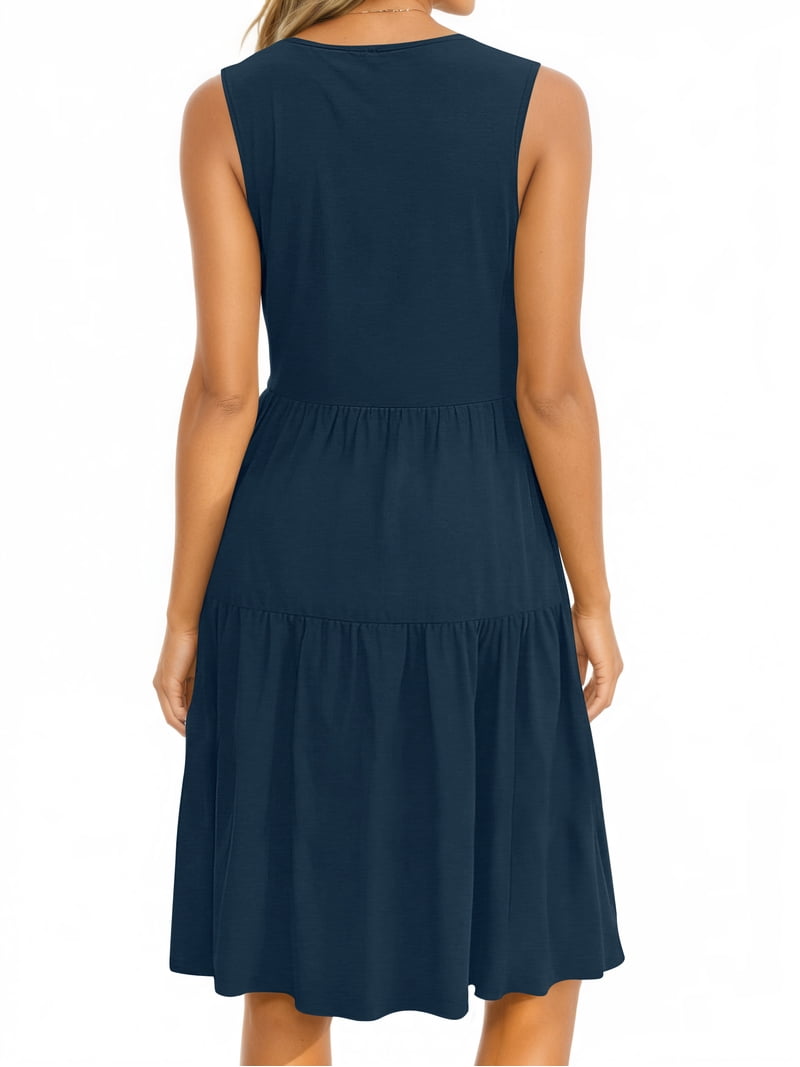 Uvn Summer Tank Dresses for Women Crew Neck Flowy Midi Ladies Beach Dresses Casual Sleeveless Sundresses with Pockets