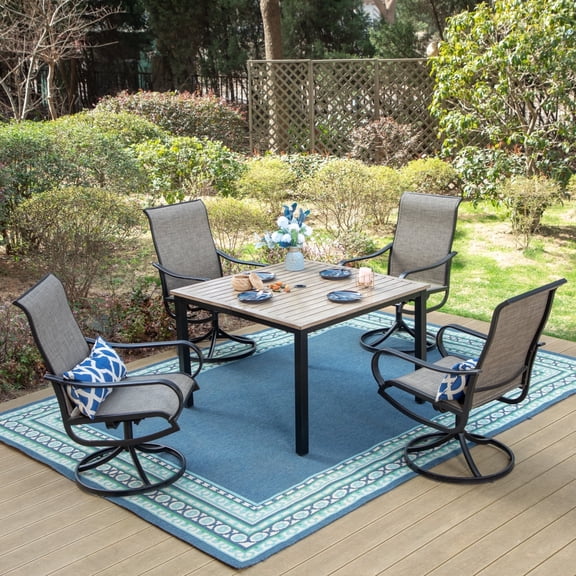 SUMMIT LIVING 5-Piece Outdoor Dining Set with Swivel Chairs & Wood Grain Table, 1.75" Umbrella Hole, Black & Brown-Gray