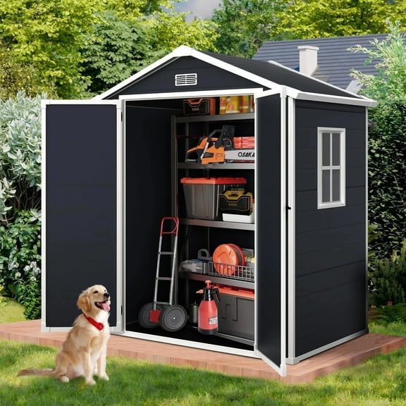 6x4 FT Resin Storage Shed, SESSLIFE Backyard Storage Sheds with Lockable Door, Garage Patio Garden Storage Shed, TE2770