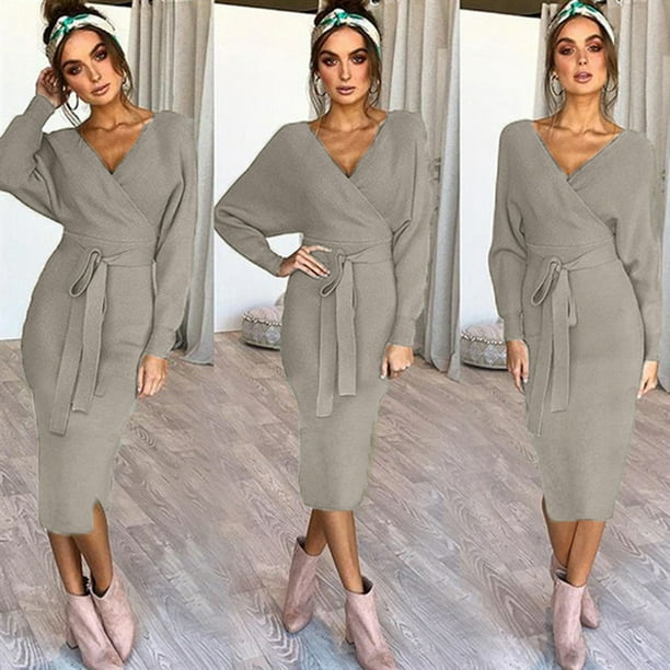 ICHUANYI Liquidación Vestido largo cálido con cuello en V de manga larga de punto a la moda para mujer ICHUANYI WER2023082200206