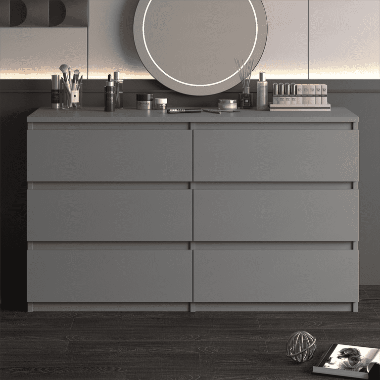 Resenkos Solid Furniture: Modern Mid Century 6-Drawer Wide Dresser Chest  Organizer for Bedroom, Grey - Walmart.com