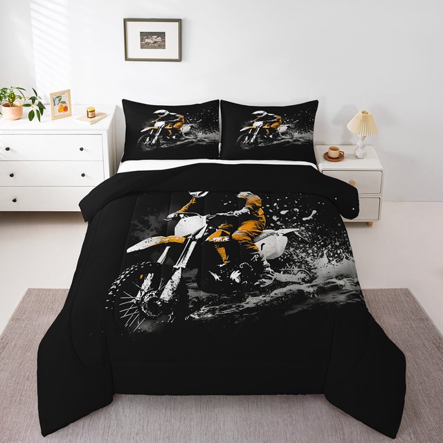 Erosebridal Ensemble de Literie pour Motocross, Couette de Sport Extrême, Noir Gris Orange, Réversible 2 Pcs