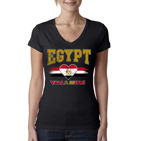 Wild Bobby Egypt Flag Heart Yalla Misr Graphic | Women's Novelty T-Shirt | Soccer Football Fan Game Day Gift for Her Women Junior Fit V-Neck Tee