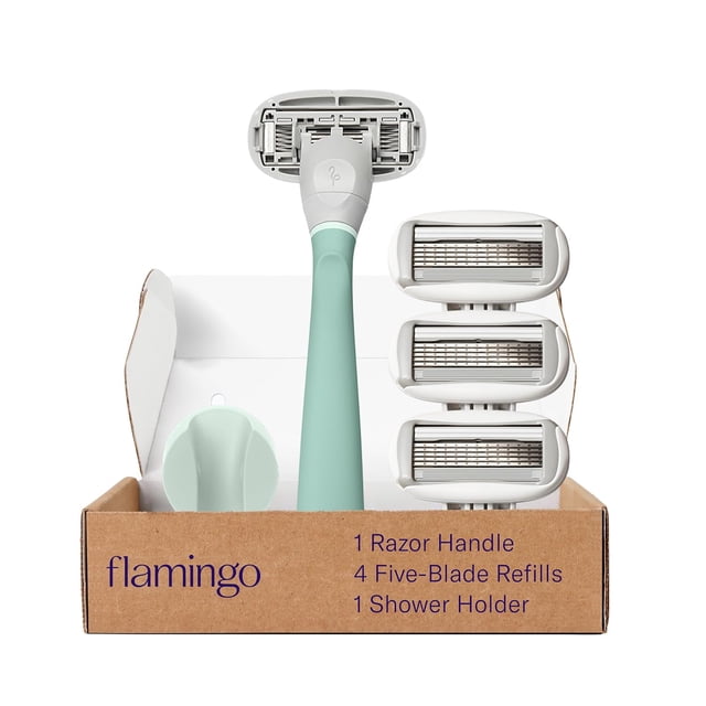 Flamingo Original Rasoir - Trousse de Rasage pour Femmes pour le Rasage Quotidien - Comprend 1 Manche de Rasoir, 4 Recharges à 5 Lames et 1 Support de Douche - Bande Lubrifiante - Prise Antidérapante - Charnière Flexible - Sauge
