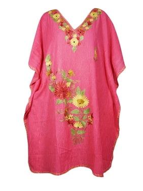 Mogul Women Pink Floral Embroidery Caftan Dress V-Neck Kimono Resort Wear Mid Length Cover Up Kaftan Dresses 2XL