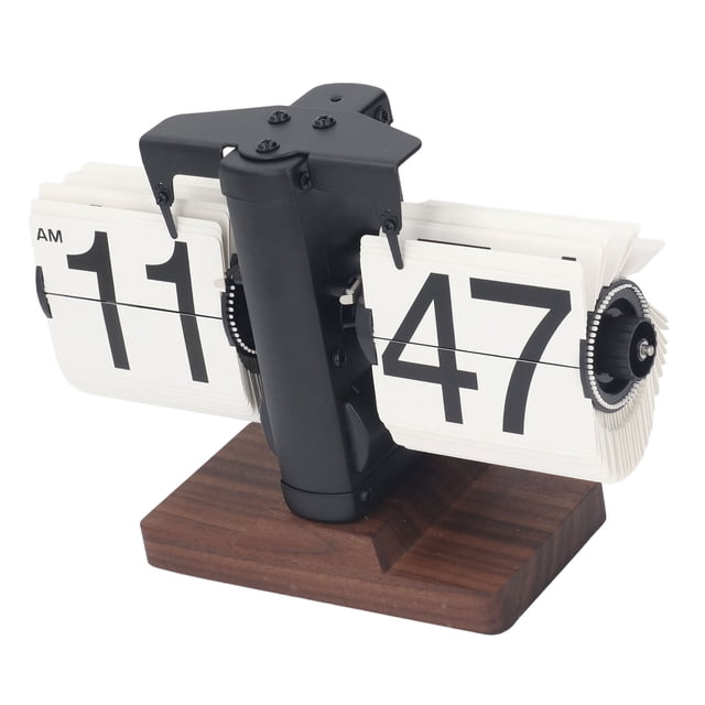 Mechanical Flip Clock, Retro Automatic Desk Clock with Walnut Wood Base for Living Room Office