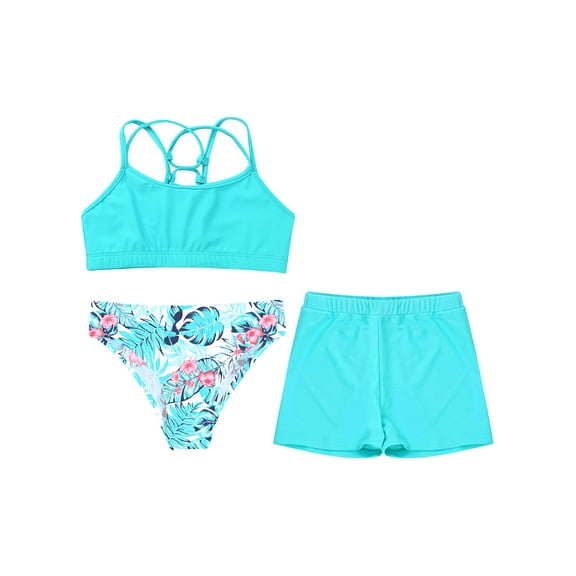 YEAHDOR Kids Girls 3 Pieces Bikinis Set Swimsuit Crop Top with Briefs Shorts Pool Beach Tropical Vacation Swimwear Bathing Suit Leaf 4