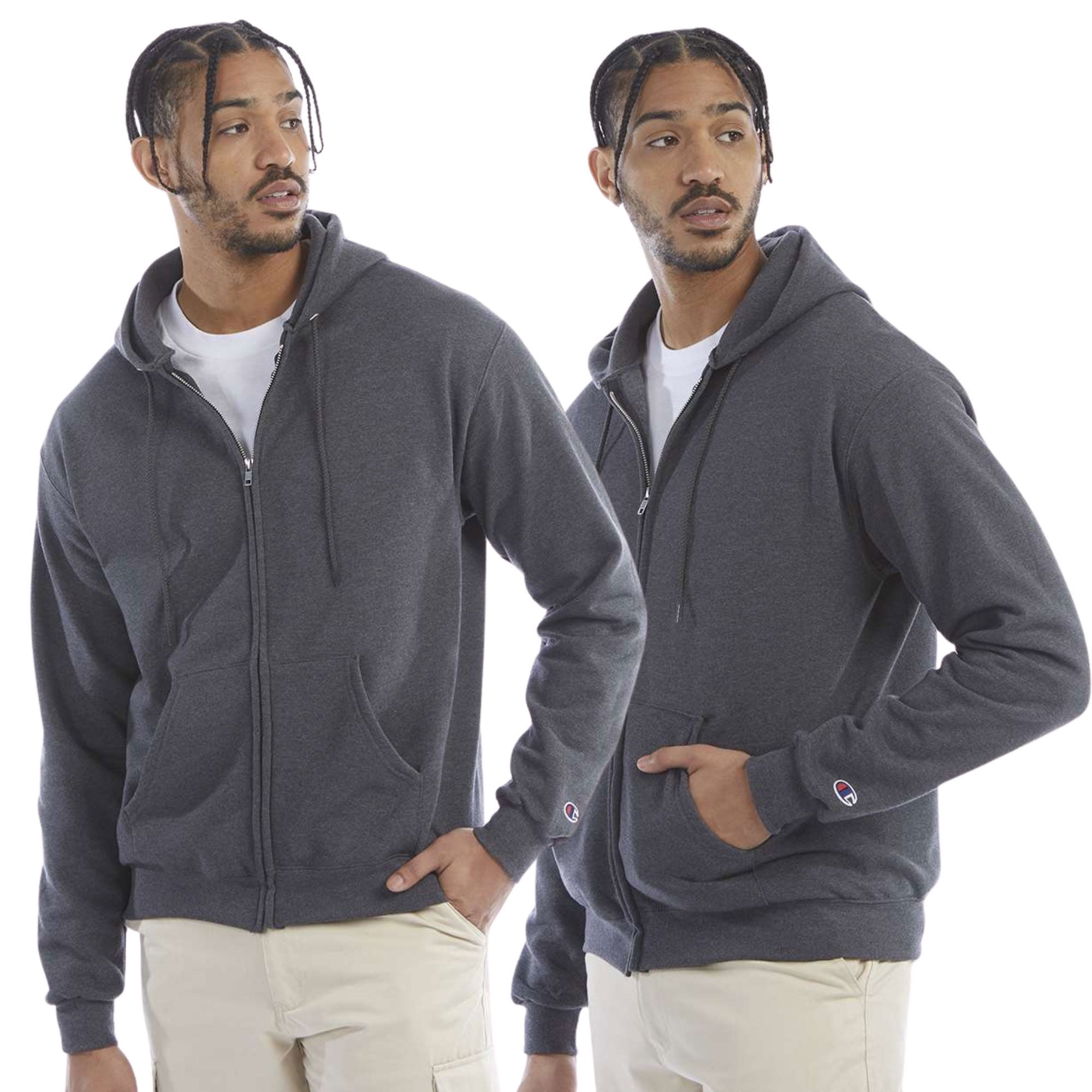 Champion Men's Powerblend Full-Zip Hooded Sweatshirt, 50/25/25 Cotton//Recycled Polyester Winter Fleece Jackets (Charcoal Heather, 2XL)