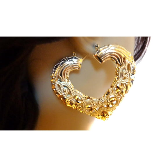 Bamboo Heart Earrings Filigree Heart Shape Earrings Gold Tone 3 inch