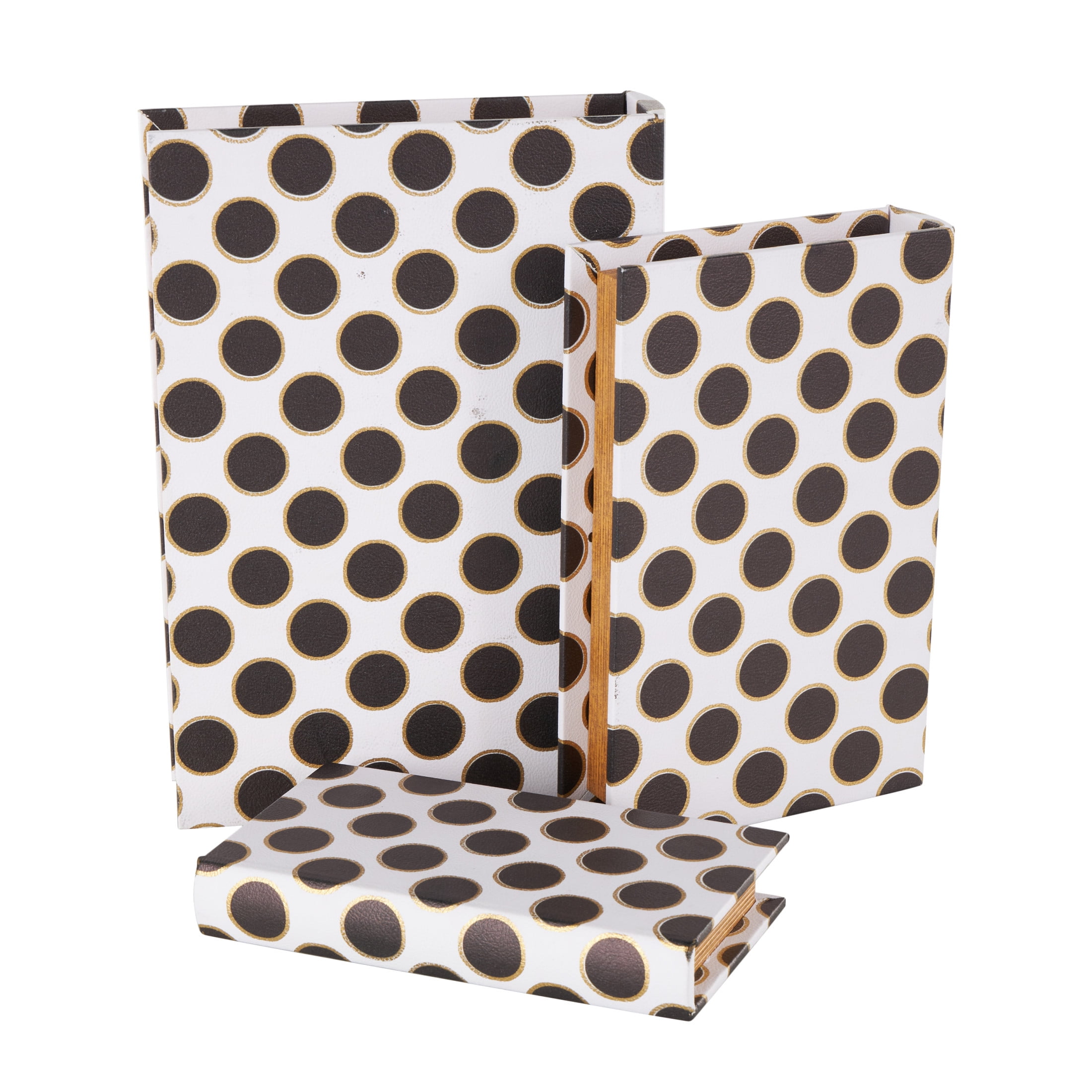 DecMode Polka Dot Faux Book Storage White Faux Leather Decorative Box with Black and Metallic Gold Accents, 3 Count