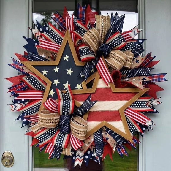 SINKOO 4th of July Patriotic Wreaths, 18 inch Red White Blue Wreaths for 250 Anniversary Holiday Memorial Day Festival Celebration Decorations