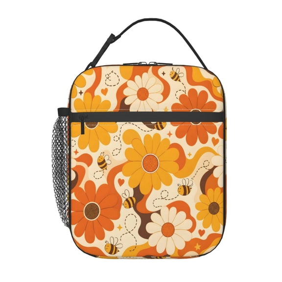 Cute Bee Daisy Flower Lunch Bag Reusable Thermal Lunch Box with Handle for Women and Men