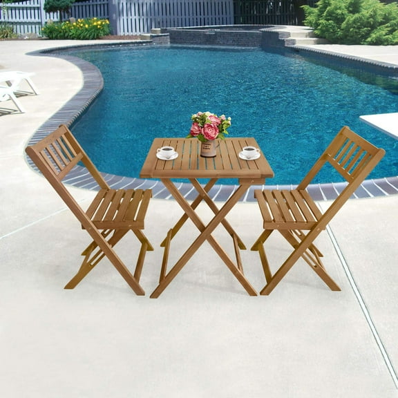 FDW 3 Piece Acacia Wood Folding Terrace Bistro Set Outdoor with 2 Chairs - Round Table Natural Oiled