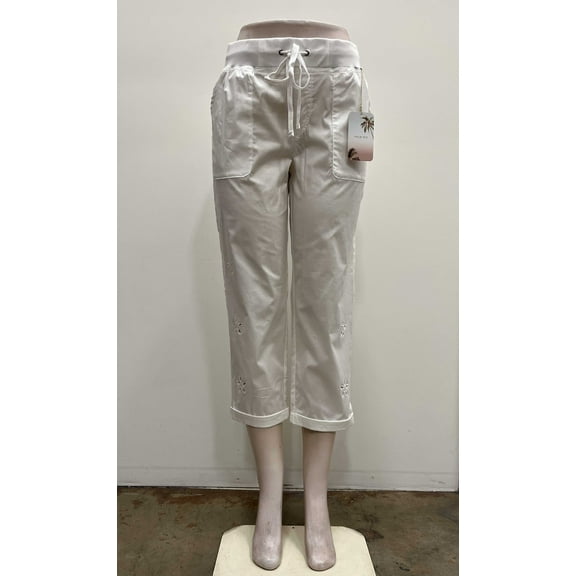 Palm Rio Womens pull on cotton front and back pockets elastic waist draw string Capri with eyelet cut out details , White , S