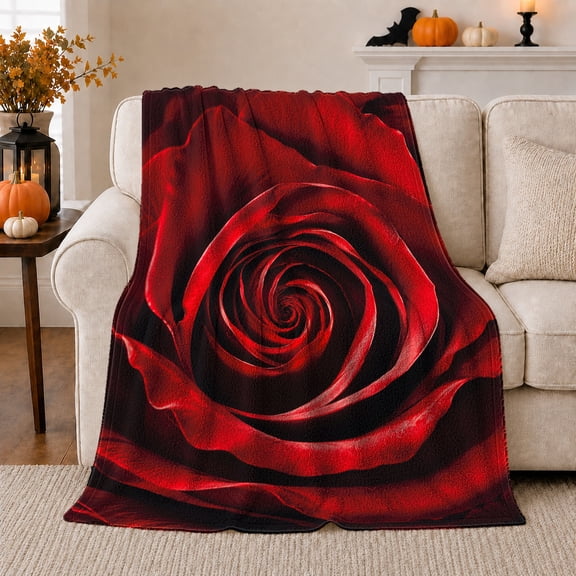 Red Rose Spiral with Black Shadow Petals, Romantic Botanical Floral Motif for Flower Lovers, Valentine's Day Gift, Cozy Flannel Blanket for Bedroom and Reading Nook, Elegant Home Decor