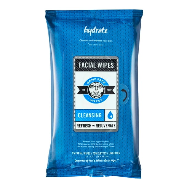 Toallitas limpiadoras faciales Game, paquete de 25 unidades, tamaño XL, compostables, formuladas naturalmente y ligeramente perfumadas, hidratantes, refrescantes y rejuvenecedoras para deportes atlé