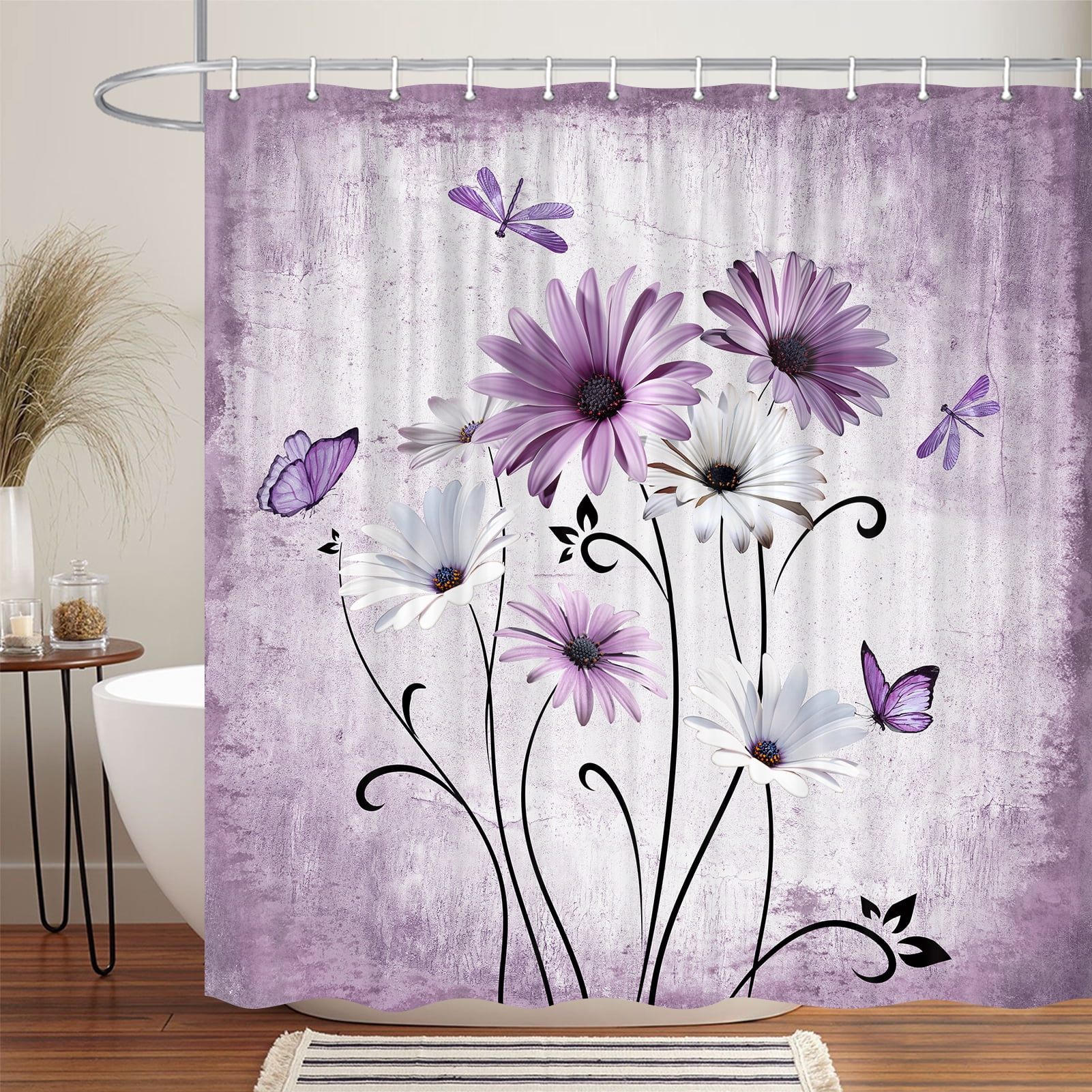 Rustic Boho Purple Shower Curtain Farmhouse Violet Daisy Floral Flowers Butterfly Dragonfly on Country Wooden Shower Curtain Set, Abstract Aesthetic Bathroom Accessory with Hooks, 70X70