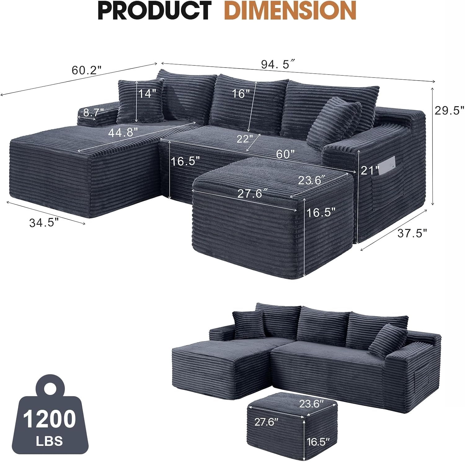 MOONMISS Small Modular Sectional Sofa with Movable Chaise and Ottoman,U-Shaped Boneless Cloud Couch for Living Room Apartment,Gray(Left Facing Chaise)
