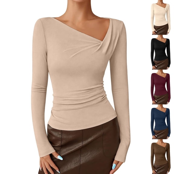 Women's Long Sleeve Crop Top, One Shoulder Asymmetrical Ribbed Blouse, Slim Fit Ruched Going Out Top for Date Night, Spring Wardrobe and Casual Outfits Beige