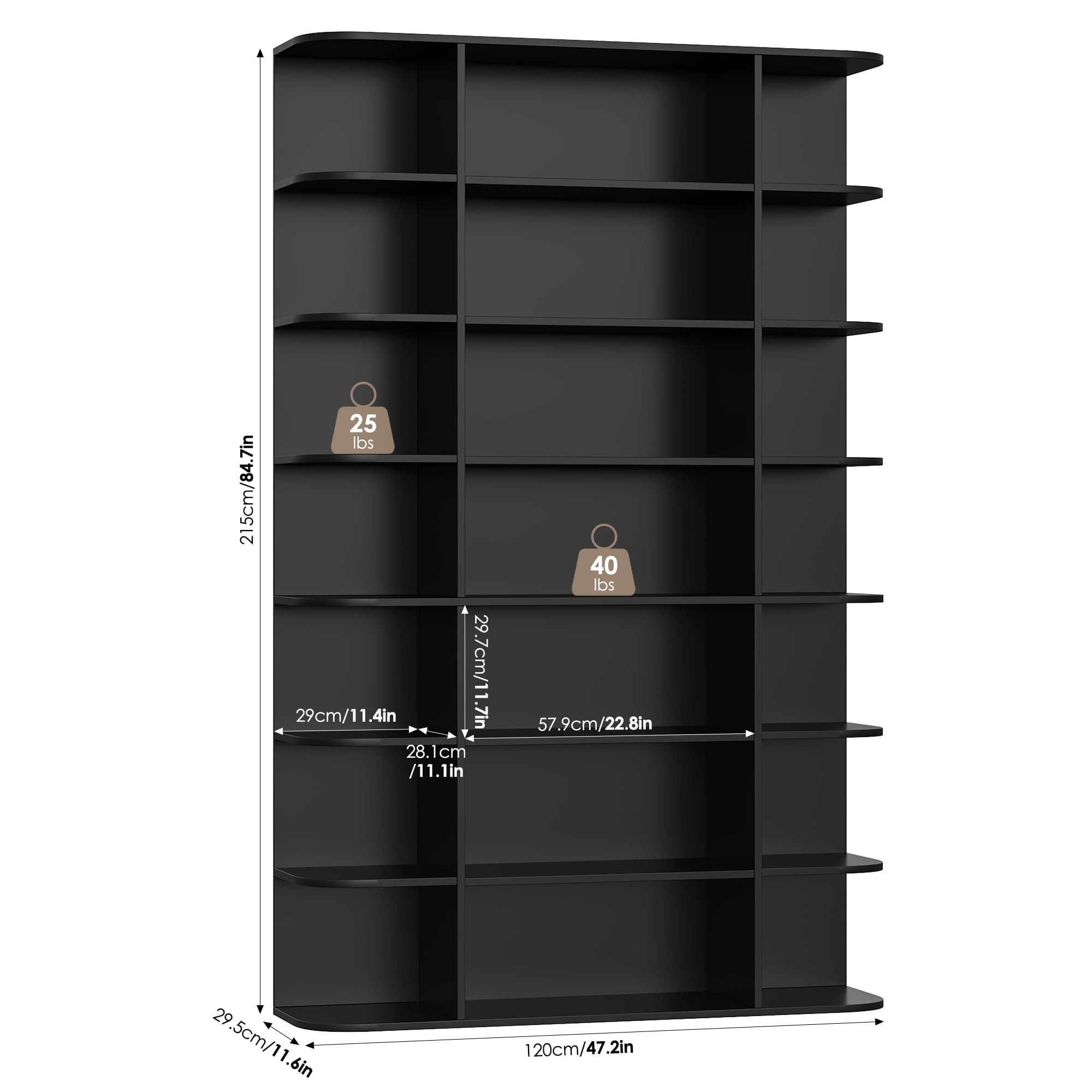 Homfa 7-Tier Triple Wide Bookcase, 84.6" Tall Bookshelf with Curved Display Shelves for Living Room Home Office Study, Black