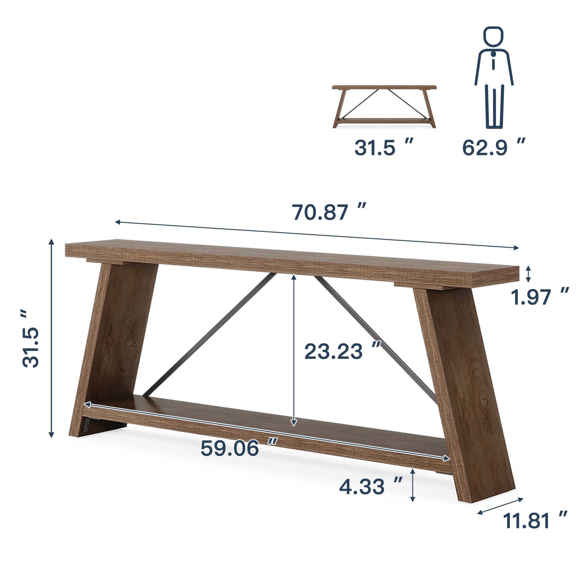 Demi Bonn 70.9" Console Table, Rustic Vintage Narrow Sofa Table for Entryway, Living Room, Hallway, Walnut