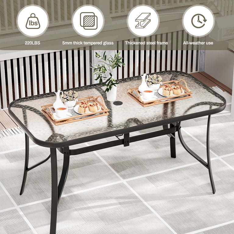 glass top rectangular patio dining table with umbrella hole 55 x 35 Inch Rectangle Tempered Forclover Pirecart rectangular dining table is made of 5mm tempered water MAISON ARTS Patio Dining Table