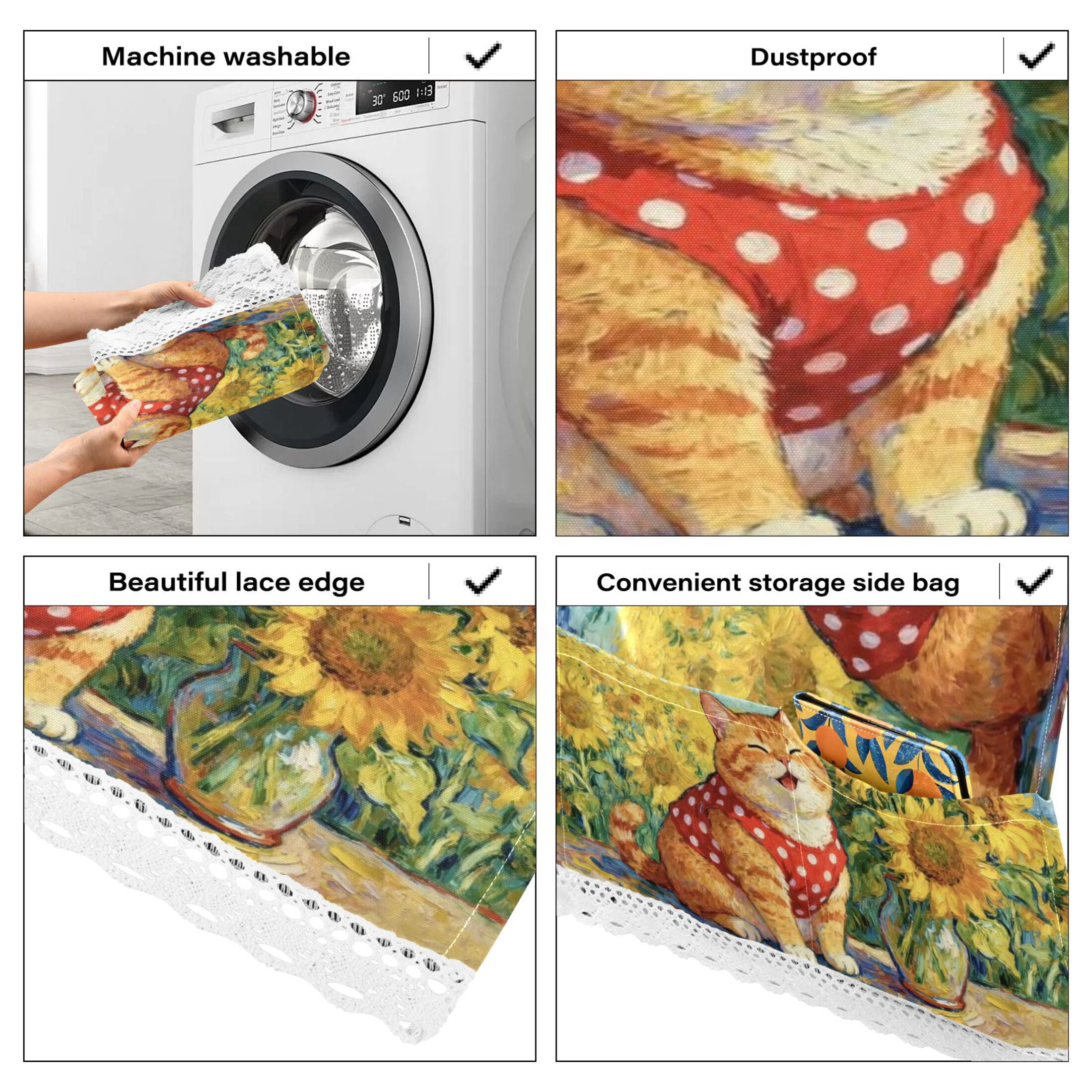 Wobogo Sunflower Chubby Cat Washing Machine Cover Dustproof Washer Dryer Cover Waterproof Laundry Room Decorative Protector