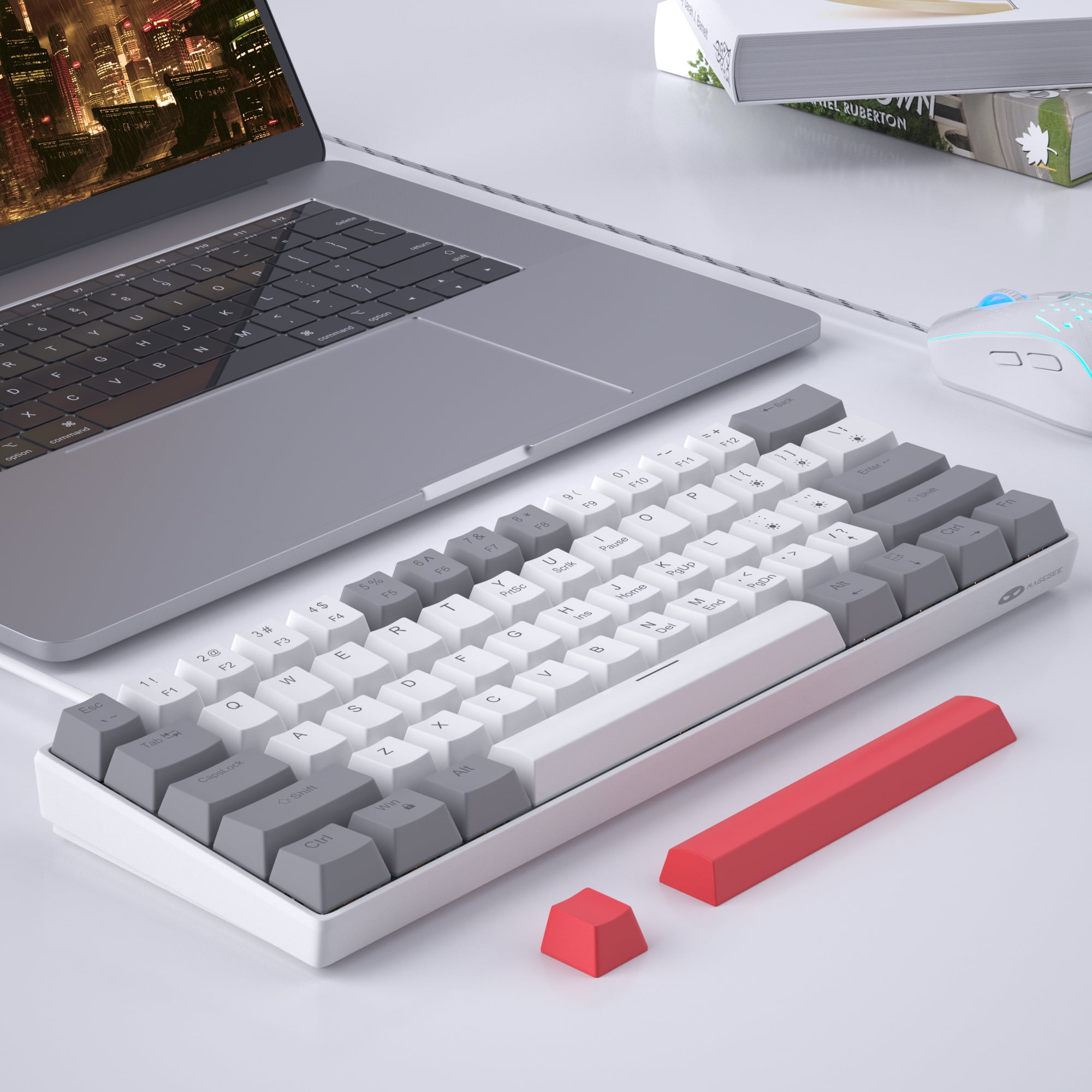 60 Percent Mechanical Gaming Keyboard, Red Gaming Keyboard with Red Switches, Detachable Type-C Cable 60% Mini Keyboard with Powder Blue Light for Windows/Mac/PC/Laptop Gray & White/Red Switches