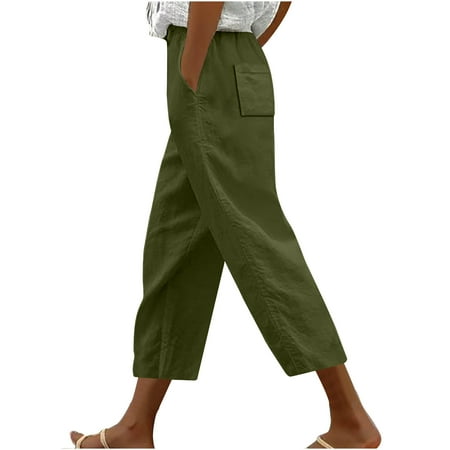 Cozirly Office Pants for Women High Waist Preppy Pants Linen Lounge Pants Women Plus Size Scrub Pants Army Green 3XL