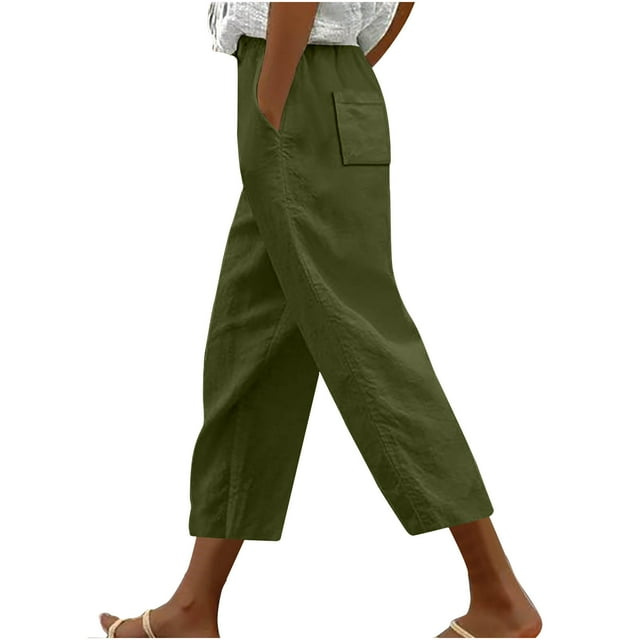 Diufon Women's Cargo Pants Elastic High Waist Drawstring Lounge Pants 3/4 Solid Color Pants with Pockets
