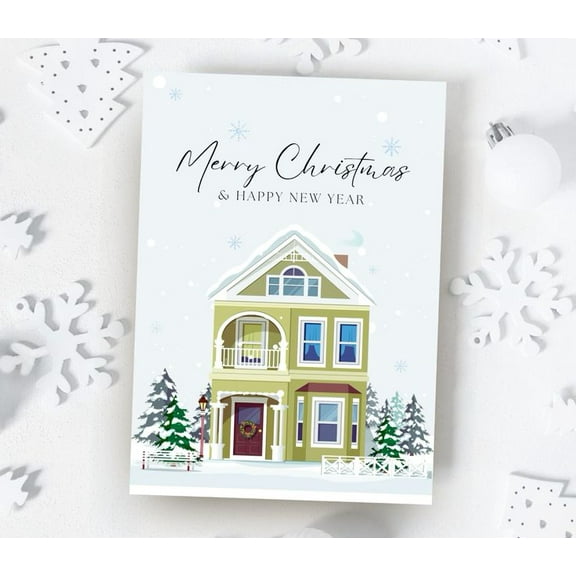 Festive Merry Christmas & Happy New Year Card Beautiful Illustrated House Design Perfect for Holiday Greetings and Celebrations