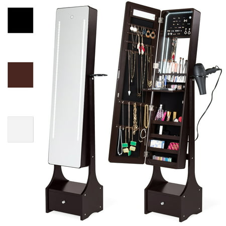 Best Choice Products Full Length Standing LED Mirrored Jewelry Makeup Storage Cabinet Armoire with Interior & Exterior Lights, Touchscreen, Shelf, Velvet Lining, 4 Compartments, Drawer, (Best Lighting For Jewelry Stores)