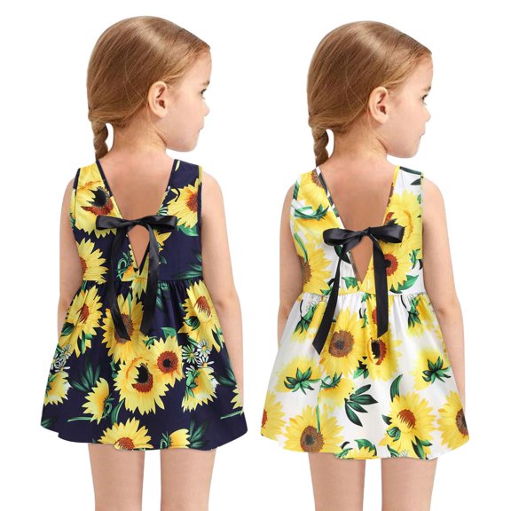 Trendfront Girls Sunflower Print Dress Mid-Length Sleeveless Crew Neck Toddler A-Line Floral Casual Summer Outfits