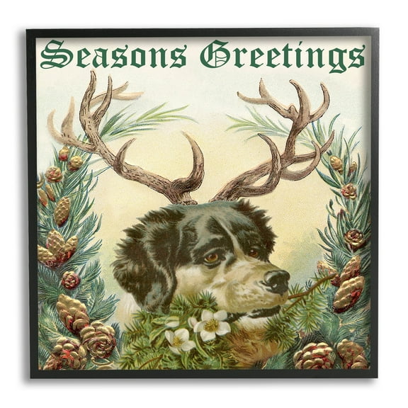 Stupell Industries Seasons Greetings Dog Wearing Antlers Botanical Border Graphic Art Black Framed Art Print Wall Art, Design by Alicia Longley
