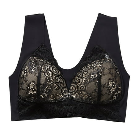 

Spdoo Plus Size Lace Bralette Padded for Women Wireless Bra Front Closure Push up Bra Black XL